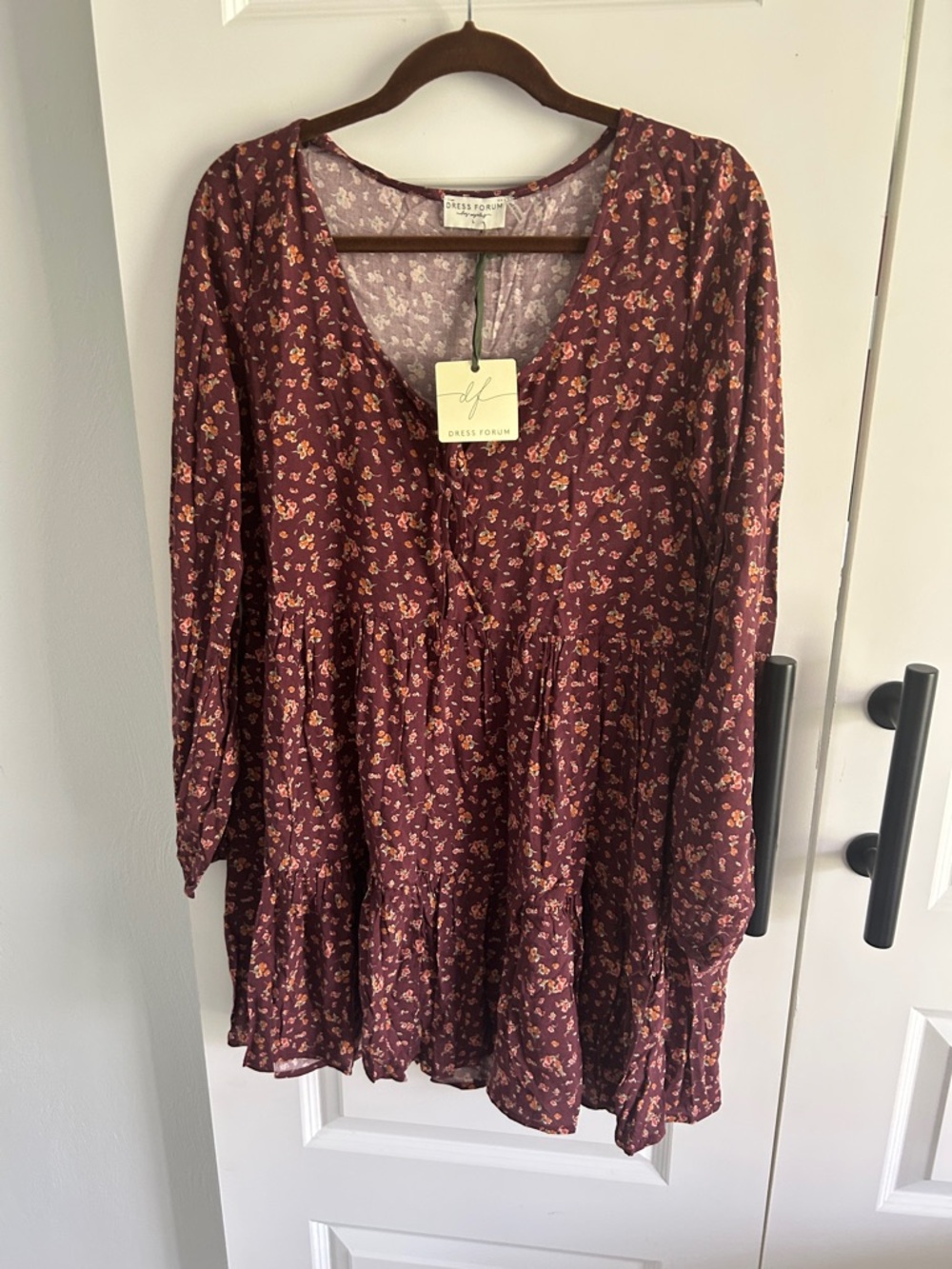 Anthro Dress Forum Burgundy Floral Tiered V-Neck BOHO Dress large